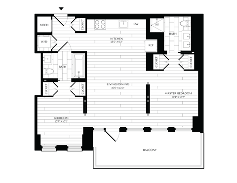 Floor plan for 2 beds, 2 baths, 1001 sqft